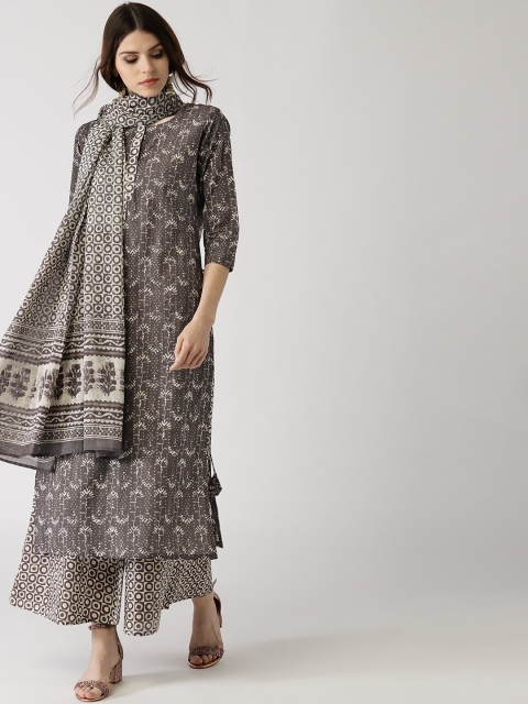 Libas Women Brown & Off-White Printed Kurta with Palazzos & Dupatta