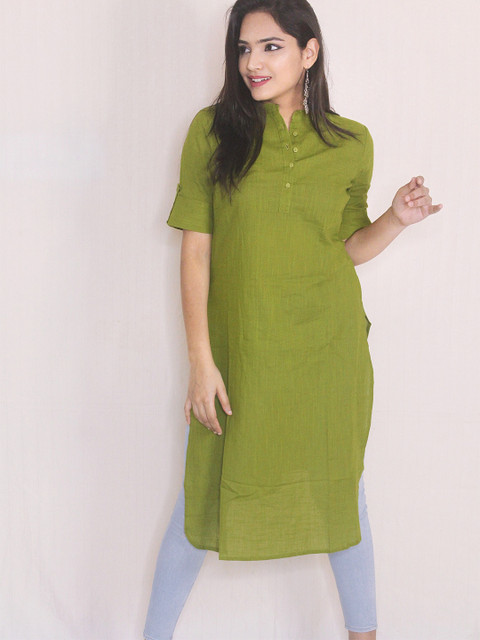 HERE&NOW Women Sap Green Solid Symmetric Kurta - Image 4