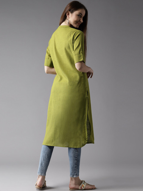 HERE&NOW Women Sap Green Solid Symmetric Kurta - Image 3