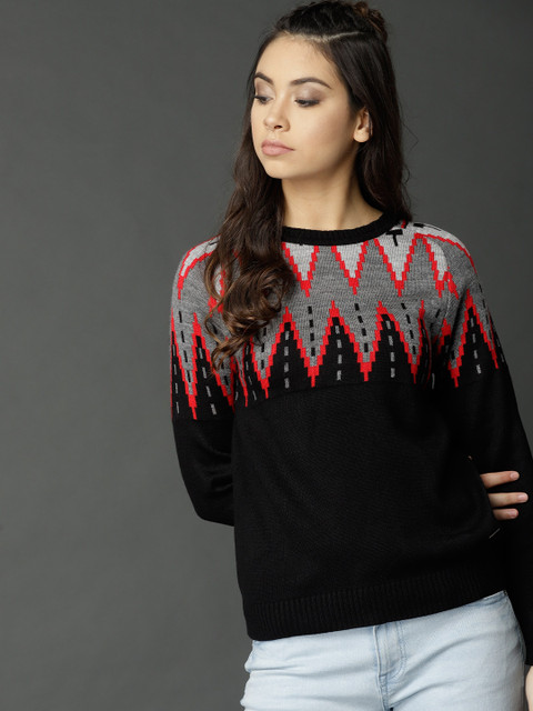 Roadster Women Black & Grey Self Design Pullover