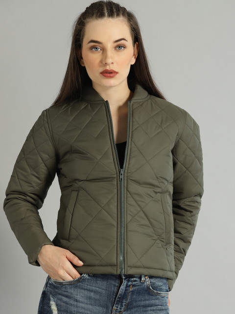 Roadster Women Olive Green Solid Quilted Jacket