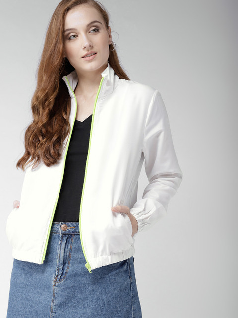 Mast & Harbour Women White Solid Lightweight Bomber Jacket