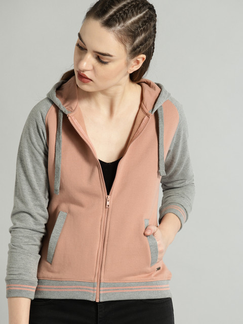 Roadster Women Pink & Grey Colourblock Hooded Sweatshirt