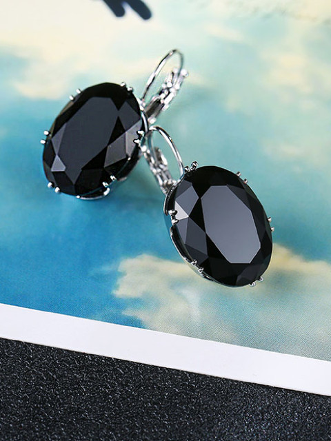 OOMPH Black Silver-Plated Handcrafted CZ Studded Oval Studs