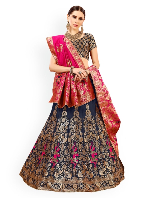 Chhabra 555 Navy Blue & Pink Embellished Silk Unstitched Lehenga & Blouse...