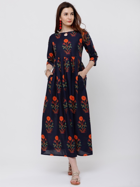 vishudh navy blue printed maxi dress