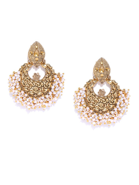 Zaveri Pearls White Gold-Plated Stone-Studded & Beaded Crescent Shaped Chandbalis