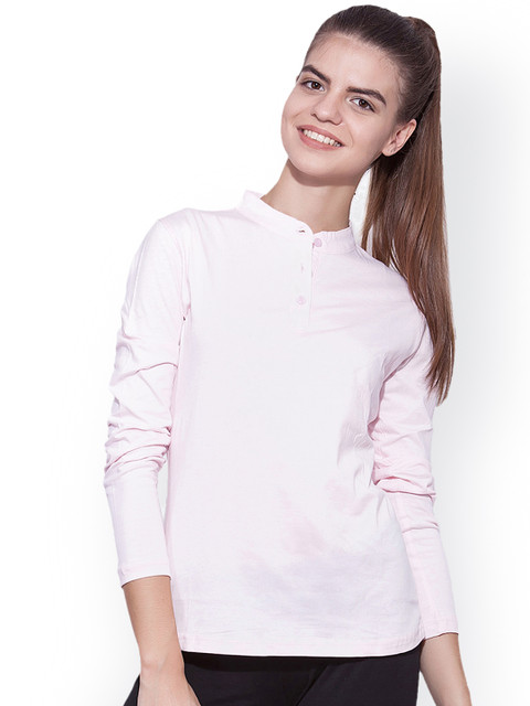 appulse Women Pink Solid Mandarin Collar T-shirt