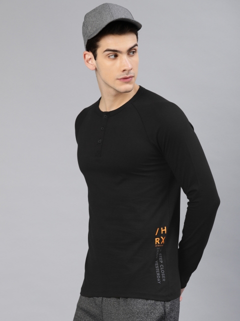 HRX by Hrithik Roshan Men Black Printed Henley Neck Athleisure T-shirt