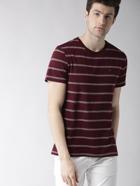Tommy Hilfiger Men Burgundy Striped Round Neck T-shirt