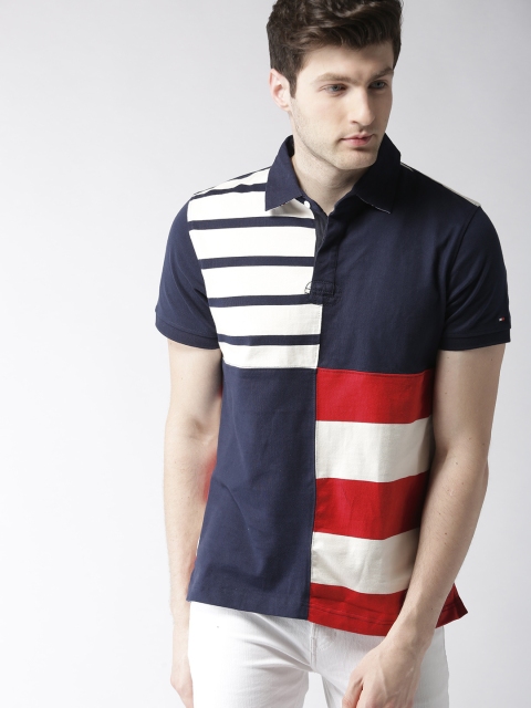 Tommy Hilfiger Men Navy Blue & White Striped Polo Collar T-shirt