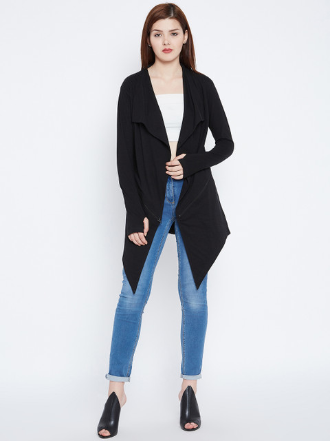 Hypernation Women Black Solid Open Front Shrug