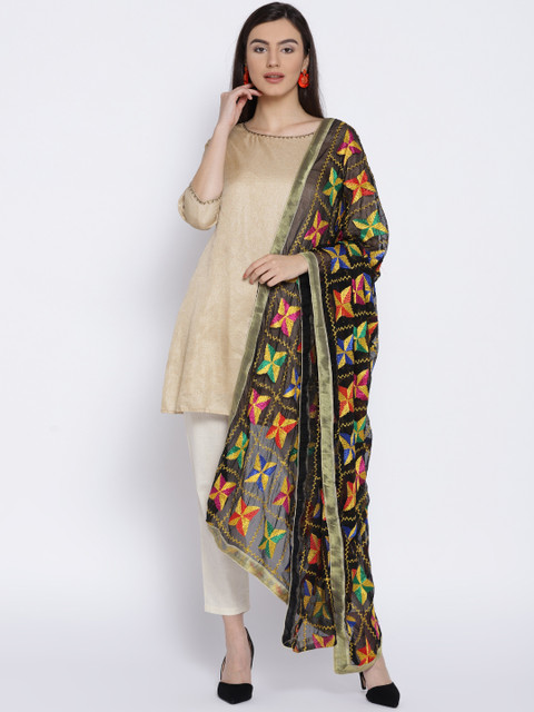 WEAVERS VILLA Black Phulkari Embroidered Dupatta