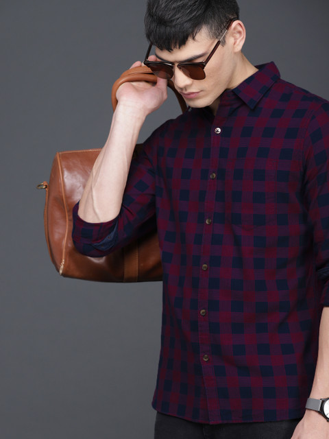 Navy Blue Slim Fit Checked Casual Shirt 