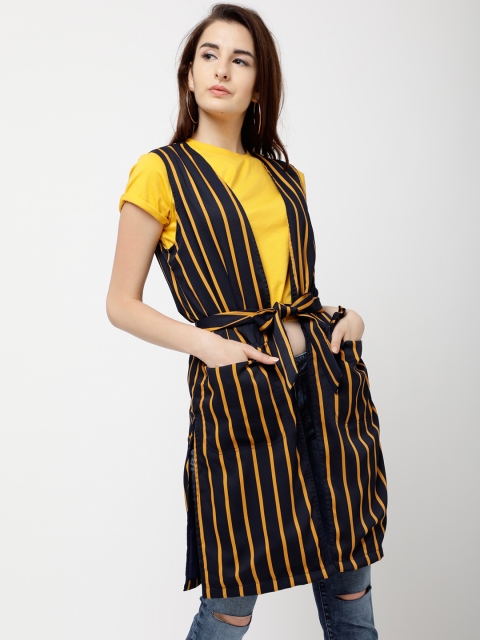 Tokyo Talkies Navy Blue & Yellow Striped Open Front Shrug