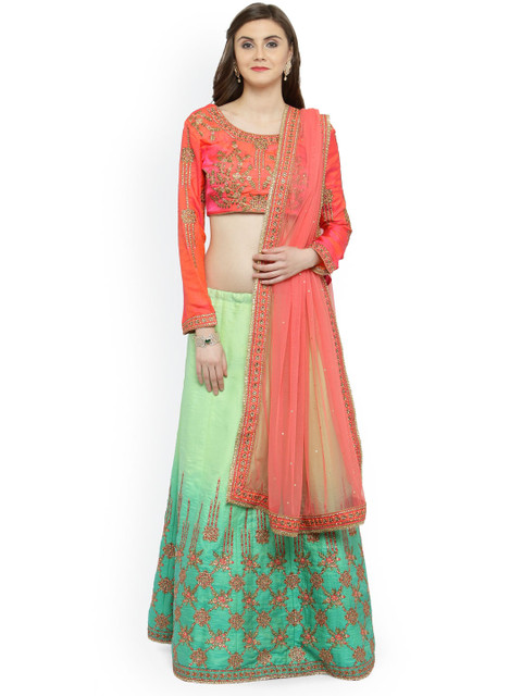Shaily Peach-Coloured & Green Embellished Semi-Stitched Lehenga & Unstitched Blouse with Dupatta