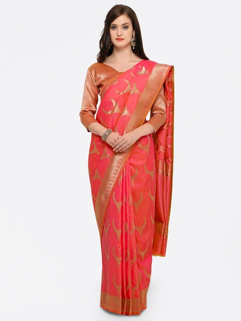 Shaily Pink & Gold-Toned Pure Silk Woven Design Banarasi Saree