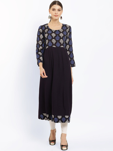 Ives Women Black & Blue Printed Straight Kurta