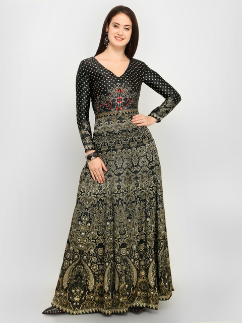 Stylee LIFESTYLE Black & Beige Satin Semi-Stitched Gown Dress Material