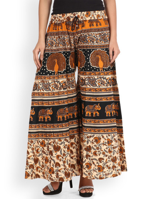 SOUNDARYA Women Beige & Black Printed Flared Palazzos