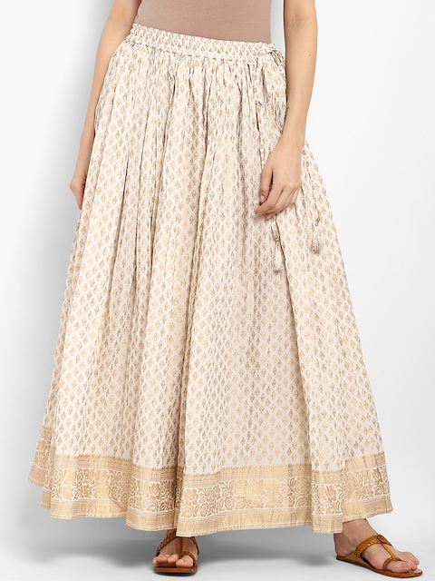 Varanga Women Off White Cotton Printed Maxi Skirt