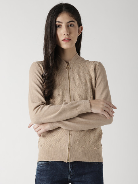 Fort Collins Women Beige Self Design Hooded Cardigan