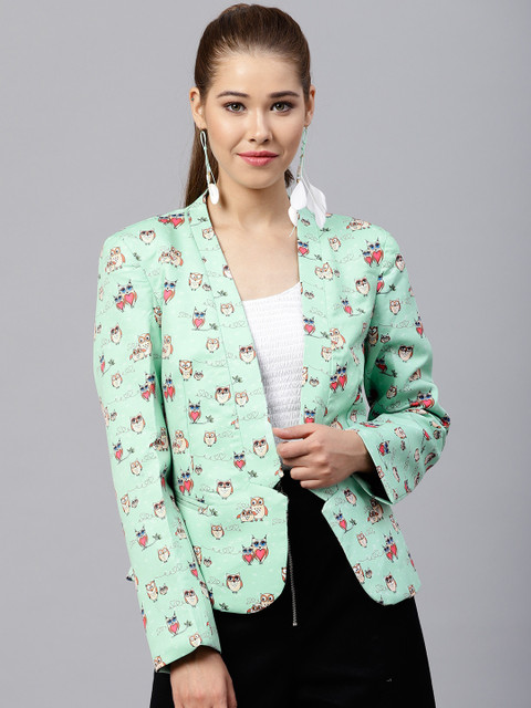 Pannkh Women Sea Green Printed Tailored Fit Front Open Casual Blazer