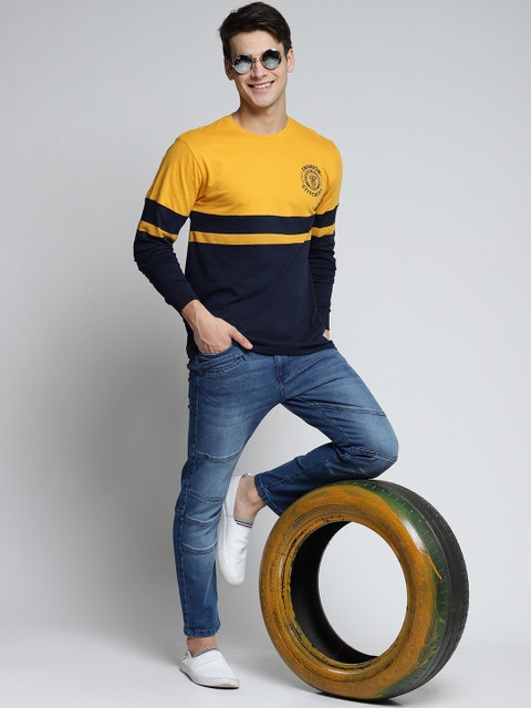 Difference of Opinion Men Mustard-Coloured & Navy Blue Colourblocked Round...