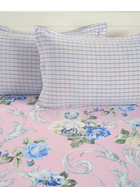SWAYAM Pink & Blue Floral Flat 160 TC Cotton 1 King Bedsheet with 2 Pillow Covers - Image 3