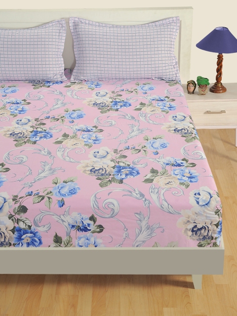 SWAYAM Pink & Blue Floral Flat 160 TC Cotton 1 King Bedsheet with 2 Pillow Covers - Image 2