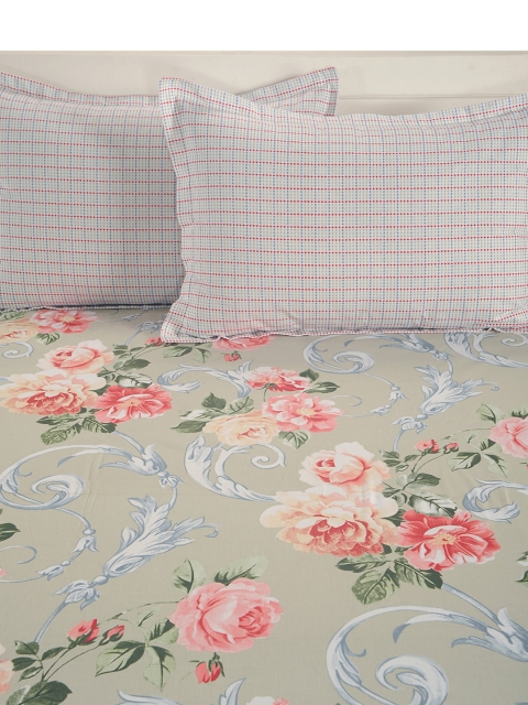 SWAYAM Green & Peach-Coloured Floral Flat 160 TC Cotton 1 King Bedsheet with 2 Pillow Covers - Image 3