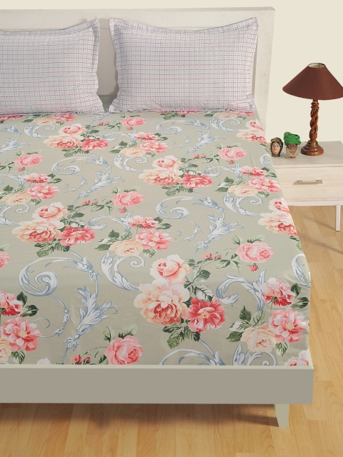 SWAYAM Green & Peach-Coloured Floral Flat 160 TC Cotton 1 King Bedsheet with 2 Pillow Covers - Image 2