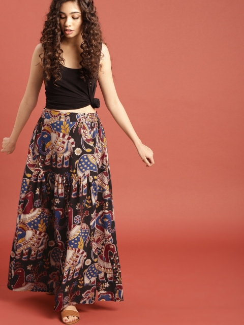 Taavi Black & Maroon Kalamkari Hand Block Print Ethnic Sustainable Maxi Pure Cotton Skirt with Gathers - Image 4