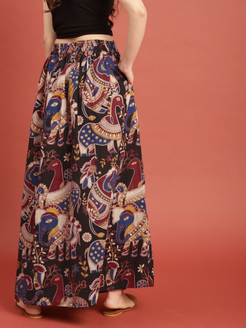 Taavi Black & Maroon Kalamkari Hand Block Print Ethnic Sustainable Maxi Pure Cotton Skirt with Gathers - Image 3
