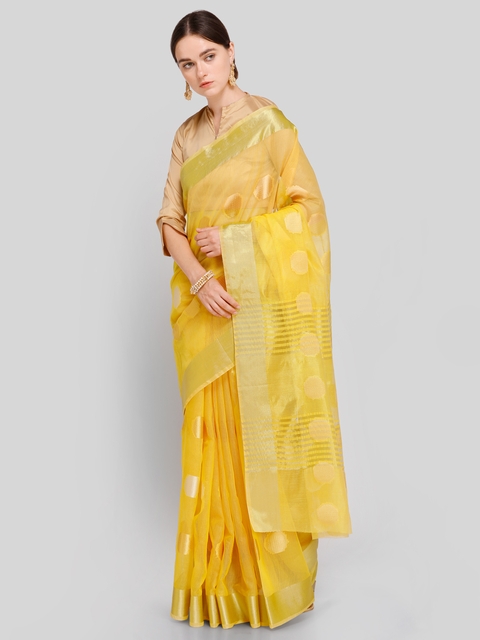 Saree mall Yellow Art Silk Woven Design Chanderi Saree