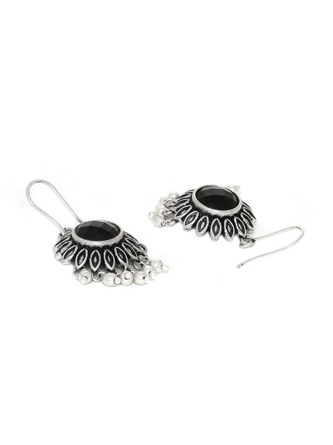 Voylla Silver-Plated & Black Floral Drop Oxidised Earrings - Image 3