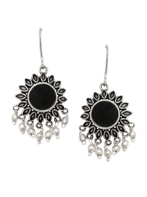 Voylla Silver-Plated & Black Floral Drop Oxidised Earrings - Image 2