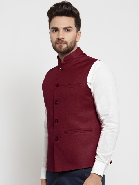 TREEMODA Men Maroon Solid Nehru Jacket - Image 3
