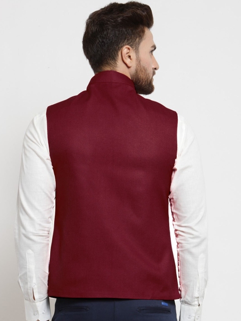TREEMODA Men Maroon Solid Nehru Jacket - Image 4