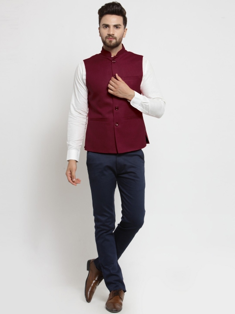 TREEMODA Men Maroon Solid Nehru Jacket - Image 5