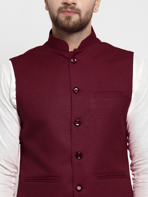 TREEMODA Men Maroon Solid Nehru Jacket - Image 2