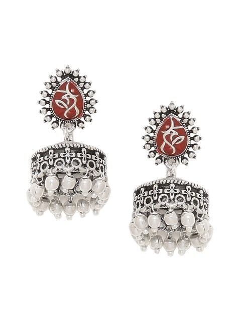 Voylla Silver-Toned Maroon Dome Shaped Jhumkas - Image 2