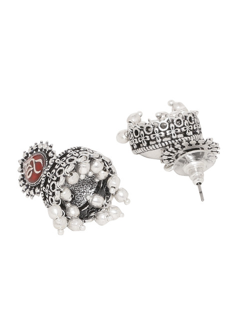 Voylla Silver-Toned Maroon Dome Shaped Jhumkas - Image 3