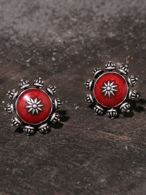 Voylla Oxidised Silver-Plated Maroon Circular Studs