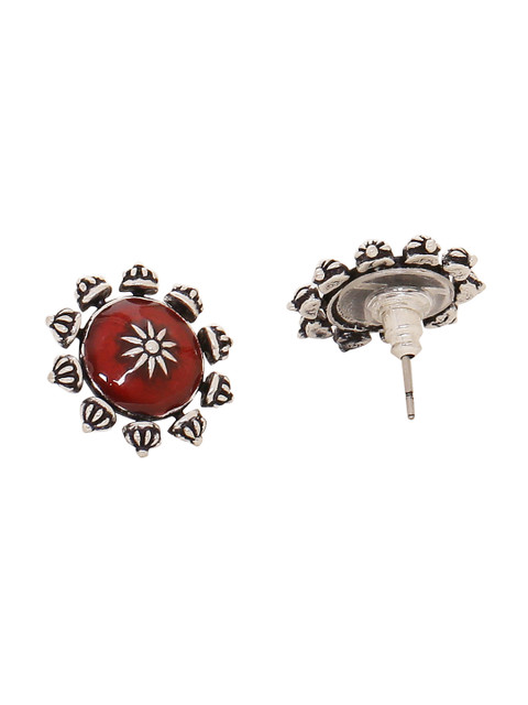 Voylla Oxidised Silver-Plated Maroon Circular Studs - Image 3
