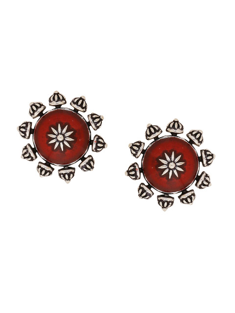 Voylla Oxidised Silver-Plated Maroon Circular Studs - Image 2