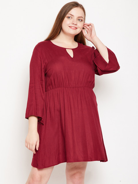 Oxolloxo Women Plus Size Maroon Fit and Flare Dress