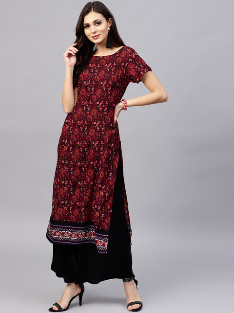 Ives Women Black & Red Printed Straight Kurta