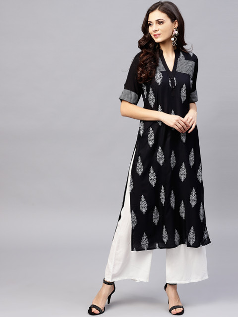 Ives Women Black & White Printed Straight Kurta