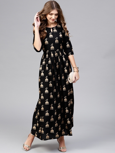 Libas Women Black & Golden Block Print Maxi Dress